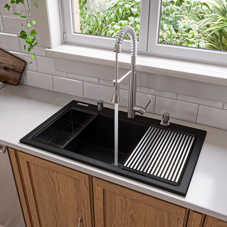 Alfi Brand 33 inch Granite Composite Workstation Single Bowl Drop In Sink w Accessories AB3418SBDI-BLA